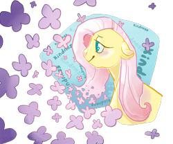 Size: 1200x1000 | Tagged: safe, artist:flyingeevee, fluttershy, pegasus, pony, abstract background, blushing, bust, female, floppy ears, lidded eyes, mare, simple background, smiling, solo, text, transparent background