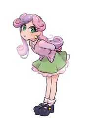 Size: 525x700 | Tagged: safe, artist:karashim, sweetie belle, human, :>, blushing, clothes, cute, diasweetes, humanized, looking at you, pixiv, simple background, skirt, smiling, solo, white background