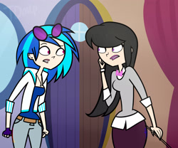 Size: 2551x2125 | Tagged: safe, artist:katedoof, dj pon-3, octavia melody, vinyl scratch, human, slice of life (episode), bow (instrument), bowtie, clothes, ear piercing, earring, fingerless gloves, gloves, humanized, necklace, piercing, style emulation, total drama, total drama island