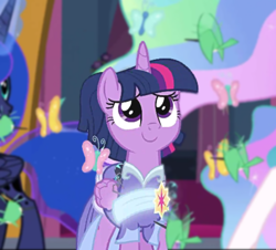 Size: 1090x985 | Tagged: safe, edit, edited screencap, screencap, princess celestia, princess luna, twilight sparkle, twilight sparkle (alicorn), alicorn, bird, butterfly, pony, spider, star spider, the last problem, clothes, coronation dress, cropped, cute, dress, female, second coronation dress, solo focus, twiabetes