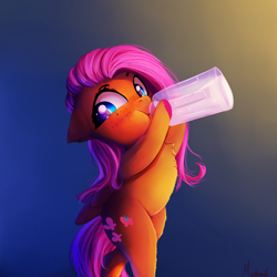 Size: 2500x2500 | Tagged: dead source, safe, artist:miokomata, fluttershy, pegasus, pony, baby bottle, babyshy, bipedal, blushing, bottle, chest fluff, cute, drinking, female, floppy ears, looking at you, looking back, mare, shyabetes, solo