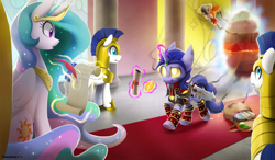 Size: 2550x1492 | Tagged: safe, artist:dawnfire, princess celestia, oc, alicorn, pony, armor, digital art, dragonborn, female, levitation, magic, mare, portal, royal guard, saddle bag, scroll, skyrim, sword, telekinesis, the elder scrolls, warcraft, weapon