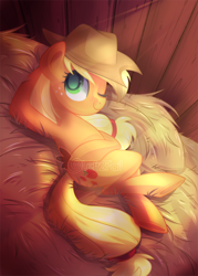 Size: 1000x1400 | Tagged: dead source, safe, artist:drawntildawn, applejack, earth pony, pony, colored pupils, cowboy hat, crossed legs, female, green eyes, hat, hay, looking at you, lying down, mare, on back, one eye closed, smiling, solo, stetson, sunlight, watermark, wink