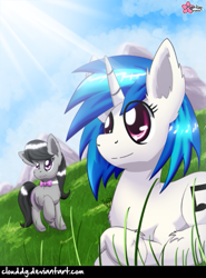 Size: 591x800 | Tagged: safe, artist:clouddg, dj pon-3, octavia melody, vinyl scratch, earth pony, pony, background pony, bowtie, crossed hooves, grass, prone, raised hoof, signature, sky, sun