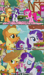 Size: 1915x3232 | Tagged: safe, edit, edited screencap, screencap, applejack, pinkie pie, rarity, spike, dragon, earth pony, pony, unicorn, honest apple, comic, female, lesbian, rarijack, screencap comic, shipping