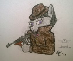 Size: 1632x1367 | Tagged: safe, artist:shockwavejet, octavia melody, earth pony, pony, clothes, fedora, hat, mafia, mafia octavia, solo, tommy gun, trenchcoat