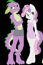 Size: 640x960 | Tagged: safe, artist:ambris, spike, sweetie belle, anthro, unguligrade anthro, bare chest, blushing, boxer briefs, chest fluff, clothes, female, hooves, male, nervous, nightgown, older, shipping, smiling, spikebelle, standing, straight, topless, underwear