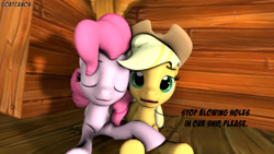 Size: 3840x2160 | Tagged: safe, artist:goatcanon, applejack, pinkie pie, earth pony, pony, 3d, applepie, cute, dialogue, eyes closed, female, lesbian, open mouth, shipping