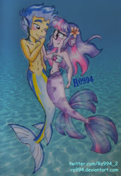 Size: 742x1076 | Tagged: safe, artist:ro994, flash sentry, sci-twi, twilight sparkle, mermaid, equestria girls, bandeau, belly button, blushing, clothes, female, fins, flashlight, glasses, holding hands, looking at each other, male, mermaid sci-twi, mermaidized, merman, midriff, partial nudity, sciflash, shipping, smiling, species swap, straight, tail, topless, underwater, watermark