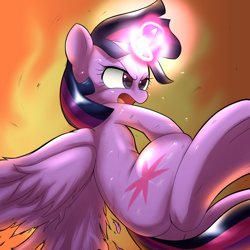 Size: 1000x1000 | Tagged: safe, artist:ushiro no kukan, derpibooru import, twilight sparkle, twilight sparkle (alicorn), alicorn, pony, angry, epic, fight, glare, magic, plewds, solo, sweat, underhoof