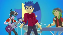 Size: 2048x1152 | Tagged: safe, screencap, brawly beats, flash sentry, ringo, sandalwood, better together, cheer you on, equestria girls, drums, fingers, flash drive (band), guitar, keyboard, looking at you, male, musical instrument, singing