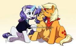 Size: 1200x757 | Tagged: safe, artist:hazurasinner, applejack, rarity, oc, oc:apple syrup, earth pony, pony, unicorn, bow, female, filly, freckles, hair bow, kiss on the cheek, kissing, lesbian, magic, magical lesbian spawn, mare, mother and child, mother and daughter, offspring, parent and child, parent:applejack, parent:rarity, parents:rarijack, rarijack, shipping, watermark