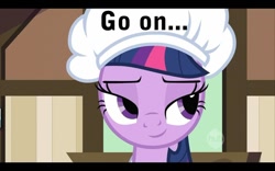 Size: 1000x625 | Tagged: safe, derpibooru import, edit, edited screencap, screencap, twilight sparkle, the last roundup, bedroom eyes, caption, go on, hat, hub logo, image macro, meme, solo