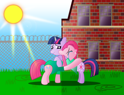 Size: 2160x1668 | Tagged: safe, artist:spellboundcanvas, derpibooru import, pinkie pie, twilight sparkle, earth pony, pony, unicorn, fanfic:asylum, asylum, crying, duo, fanfic, fanfic art, horn cap, hospital gown, hug, magic suppression, pinkamena diane pie, sad, smiling, story included