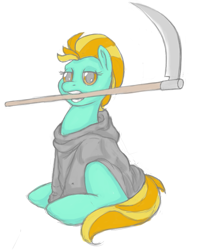 Size: 611x776 | Tagged: artist needed, safe, lightning dust, pegasus, pony, clothes, costume, female, grim reaper, mare, mouth hold, robe, scythe, simple background, sitting, solo, white background