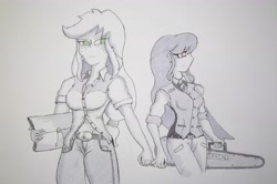 Size: 4288x2848 | Tagged: safe, artist:zalla661, applejack, octavia melody, human, absurd resolution, appletavia, breasts, cello case, cleavage, high res, holding fingers, humanized, monochrome, neo noir, partial color, purse, traditional art