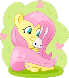 Size: 1147x1300 | Tagged: safe, artist:batonya12561, angel bunny, fluttershy, pegasus, pony, rabbit, angel is not amused, chibi, cute, female, happy, hug, mare, shyabetes, solo