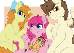 Size: 700x500 | Tagged: safe, artist:mintbubbie, pinkie pie, pound cake, pumpkin cake, oc, oc:neopolitan swirl, pony, baby, baby pony, offspring, older, parent:cheese sandwich, parent:pinkie pie, parents:cheesepie