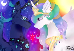 Size: 1600x1100 | Tagged: safe, artist:batrina, princess celestia, princess luna, twilight sparkle, alicorn, pony, crown, curved horn, cutie mark, horn, jewelry, regalia, royal sisters