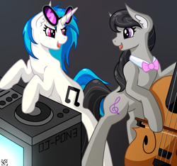 Size: 1280x1200 | Tagged: safe, artist:grimdark-graveyeard, dj pon-3, octavia melody, vinyl scratch, earth pony, pony, bow (instrument), bowtie, cello, cello bow, female, lesbian, musical instrument, scratchtavia, shipping, turntable