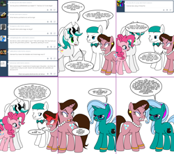 Size: 1808x1604 | Tagged: safe, artist:dekomaru, pinkie pie, oc, oc:dazzle, oc:hazel lulamoon, oc:matthew trotswright, oc:veronica, alicorn, earth pony, pony, unicorn, angry, ask, comic, cowboy hat, female, hat, mare, sunglasses, tumblr, tumblr:ask twixie