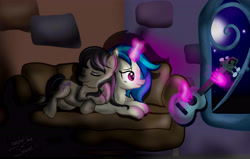 Size: 5500x3500 | Tagged: safe, artist:marylinnblack, dj pon-3, octavia melody, vinyl scratch, earth pony, pony, cute, female, guitar, lesbian, night, scratchtavia, shipping, sleeping, sofa