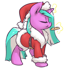 Size: 840x920 | Tagged: safe, artist:atryl, oc, oc only, oc:mane event, pony, unicorn, bronycon mascots, clothes, cookie, costume, hat, magic, santa costume, santa hat, solo