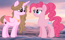 Size: 1024x632 | Tagged: safe, artist:cindydreamlight, pinkie pie, oc, oc:cindy, alicorn, pony, alicorn oc, base used, cloud, colored wings, colored wingtips, female, mare