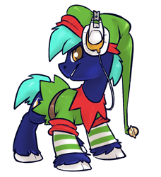 Size: 840x920 | Tagged: safe, artist:atryl, oc, oc only, oc:hoof beatz, earth pony, pony, bronycon mascots, clothes, costume, elf hat, hat, headphones, solo