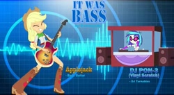 Size: 637x350 | Tagged: artist needed, safe, artist:abtoons, artist:haleyc4629, edit, applejack, dj pon-3, vinyl scratch, a case for the bass, equestria girls, bass guitar, clothes, cowgirl, customization, dj turnables, earthquake, eyes closed, freckles, gimp, hat, inspiration, it was bass, jamming out, music video, musical instrument, musician, parody, poster, questionable source, remix, schmoyoho, sunglasses, thought it was an earthquake