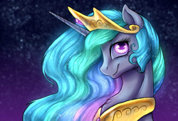 Size: 1500x1018 | Tagged: safe, artist:not-ordinary-pony, princess celestia, alicorn, pony, bust, cheek fluff, chest fluff, crown, cute, cutelestia, glowing eyes, glowing mane, jewelry, portrait, profile, regalia, solo