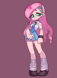 Size: 2606x3520 | Tagged: safe, artist:ikirunosindo, fluttershy, human, bracelet, clothes, ear piercing, earring, female, humanized, jewelry, leg warmers, looking at you, miniskirt, necktie, piercing, plaid, plaid skirt, pleated skirt, shirt, shoes, simple background, skirt, socks, spiked wristband, wristband