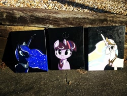 Size: 4160x3120 | Tagged: safe, artist:annuthecatgirl, princess celestia, princess luna, twilight sparkle, alicorn, pony, painting, traditional art