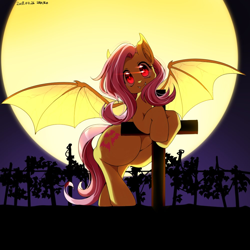 Size: 1000x1000 | Tagged: safe, artist:zakro, fluttershy, bat pony, pony, bat wings, cross, fangs, female, flutterbat, full moon, glowing eyes, grave, graveyard, looking at you, mare, moon, night, night sky, race swap, red eyes, signature, sky, solo, spread wings, wings