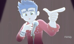 Size: 1192x720 | Tagged: safe, screencap, flash sentry, better together, cheer you on, equestria girls, clothes, discovery family logo, male, microphone, singing, solo