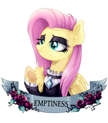 Size: 1261x1435 | Tagged: safe, artist:tina-de-love, fluttershy, pegasus, pony, fake it 'til you make it, bust, female, fluttergoth, portrait, simple background, solo, text, transparent background