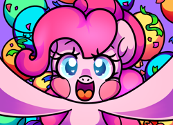 Size: 1310x950 | Tagged: safe, artist:holly--jolly, pinkie pie, earth pony, pony, balloon, blushing, confetti, party, smiling, solo, streamers, wingding eyes