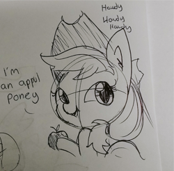 Size: 1137x1117 | Tagged: safe, artist:tjpones, applejack, earth pony, pony, apple, appul, food, howdy, simple background, sketch, solo