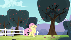 Size: 1280x720 | Tagged: safe, screencap, fluttershy, bat, fruit bat, pegasus, pony, vampire fruit bat, bats!, apple orchard, apple tree, bullet seed, female, fence, mare, one eye closed, red eyes, shielding face, spread wings, tree, upside down, wings