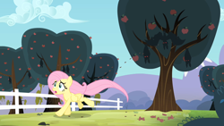 Size: 1280x720 | Tagged: safe, screencap, fluttershy, bat, fruit bat, pegasus, pony, vampire fruit bat, bats!, apple orchard, apple tree, bullet seed, female, fence, mare, red eyes, running, running away, spread wings, tree, upside down, wings