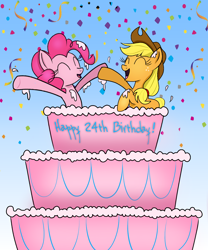 Size: 1000x1200 | Tagged: safe, artist:lennonblack, applejack, pinkie pie, earth pony, pony, cake, food, happy birthday, pop out cake