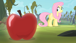 Size: 1280x720 | Tagged: safe, screencap, fluttershy, pegasus, pony, bats!, apple, apple orchard, female, food, looking back, mare, solo, tree