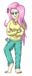 Size: 928x2200 | Tagged: safe, artist:meganekkoplymouth241, fluttershy, human, dungeons and discords, barefoot, clothes, feet, humanized, jewelry, long hair, necklace, scene interpretation, simple background, solo, sweater, sweatershy, transparent background