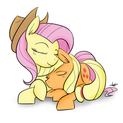 Size: 1200x1200 | Tagged: safe, artist:hellhounds04, applejack, fluttershy, earth pony, pegasus, pony, accessory swap, appleshy, female, lesbian, nuzzling, shipping, simple background, white background