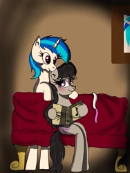 Size: 768x1024 | Tagged: safe, artist:marylinnblack, dj pon-3, octavia melody, vinyl scratch, earth pony, pony, anatomically incorrect, blushing, book, chair, ear bite, female, incorrect leg anatomy, lesbian, painting, scratchtavia, shipping, sofa