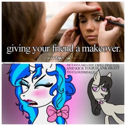 Size: 960x960 | Tagged: safe, artist:marylinnblack, dj pon-3, octavia melody, vinyl scratch, human, alternate hairstyle, blushing, bow, bowtie, eyes closed, eyeshadow, female, hair bow, irl, irl human, justgirlythings, lesbian, lipstick, makeover, makeup, photo, scratchtavia, shipping