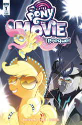 Size: 1341x2035 | Tagged: safe, artist:tonyfleecs, idw, applejack, fluttershy, grubber, storm king, earth pony, pegasus, pony, my little pony: the movie, my little pony: the movie prequel, spoiler:comic, spoiler:comic mlp movie prequel, cover, glasses, jewelry