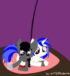 Size: 652x704 | Tagged: safe, artist:scarylittlellama, dj pon-3, octavia melody, vinyl scratch, earth pony, pony, book, female, game boy, glass, lesbian, scratchtavia, shipping, water