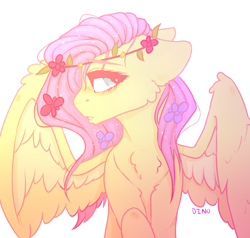 Size: 2048x1948 | Tagged: safe, artist:dino_horse, fluttershy, pegasus, pony, cute, flower, flower in hair, simple background, solo, spread wings, white background, wingding eyes, wings