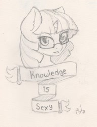 Size: 1296x1696 | Tagged: safe, artist:pluto, derpibooru import, twilight sparkle, bust, glasses, monochrome, portrait, ribbon, solo, traditional art